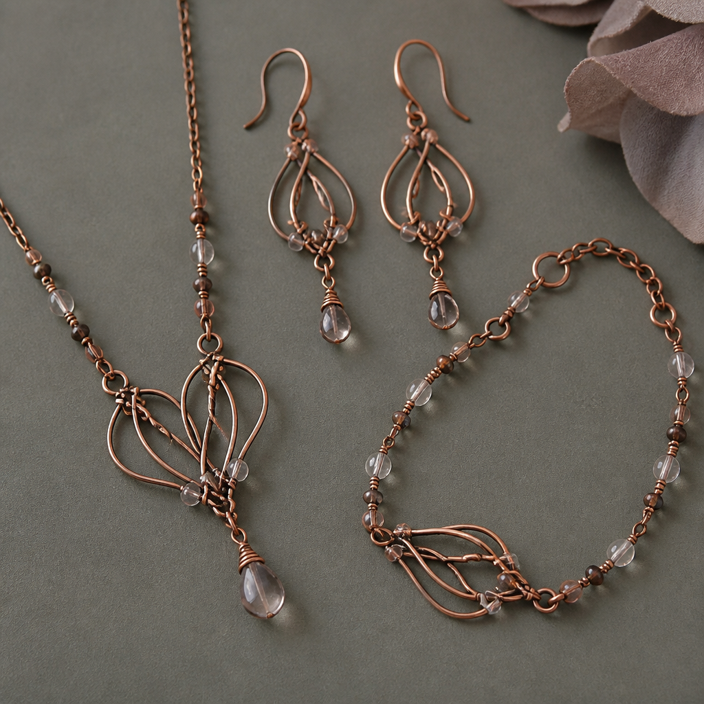 A art nouveau women's earrings made of copper suitable for daily wear, minimalist, simple and delicate, clean lines. made from wire, seed beads and crystal beads a set of earrings with matching bracelet and necklace
photorealistic jewelry design, A art nouveau women's earrings made of copper suitable for daily wear, minimalist, simple and delicate, clean lines. made from wire, seed beads and crystal beads a set of earrings with matching bracelet and necklace, art_nouveau style, just the design no text