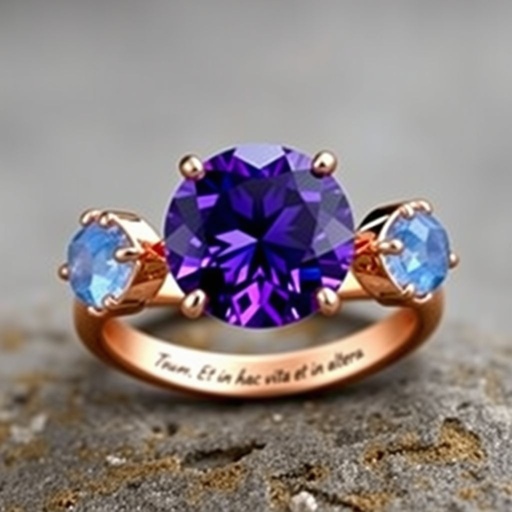 A simple, three stone 18 karat rose gold engagement ring set with a circular purple alexandrite. Also set with a small half moon cut blue chalcedony on one side right next to it, and a small half moon cut moonstone set on the other side right next to it. On the inside of the band, it has an inscription reading, “Tuum. Et in hac vita et in altera.”