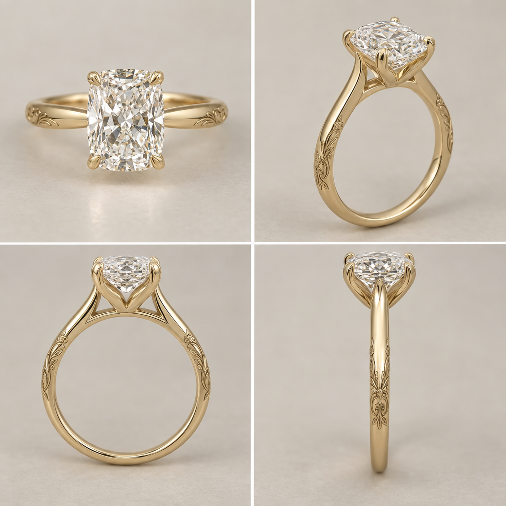 create a 14k yellow gold cathedral engagement ring with a tulip head holding a 1.65ct elongated cushion diamond. The band should be half round with a simple, flowery engraving on the two edges/sides of the band but not on the top. The design should go 3/4 of the way down the shank.
photorealistic jewelry design, create a 14k yellow gold cathedral engagement ring with a tulip head holding a 1.65ct elongated cushion diamond. The band should be half round with a simple, flowery engraving on the two edges/sides of the band but not on the top. The design should go 3/4 of the way down the shank. , just the design no text