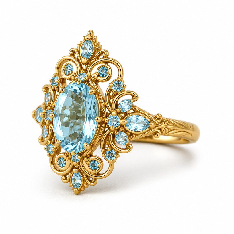 A minimalist women's ring made of gold with aquamarine stones suitable for gift, highly ornate, intricate and elaborate, richly detailed
using the attached image as a visual reference, create A minimalist women's ring made of gold with aquamarine stones suitable for gift, highly ornate, intricate and elaborate, richly detailed. photorealistic, just the design no text