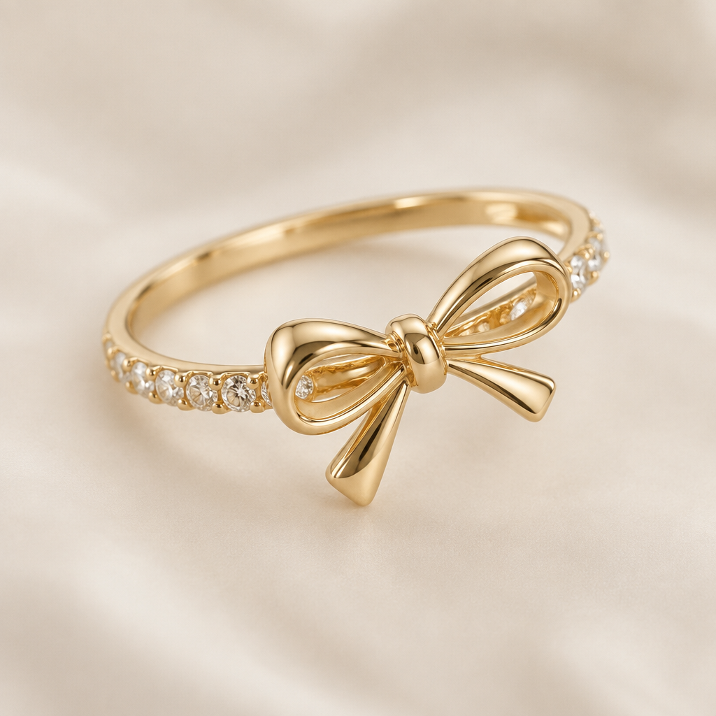 A minimalist women's ring made of gold with diamond stones suitable for gift, highly ornate, intricate and elaborate, richly detailed. ring with the aesthetic ribbon design and the ribbon is tilting to right a bit. the ring goes around the ribbon not under the ribbon. the ribbon is tied like a single knot and the ribbon has two same size loops. the gemstone is place around the ring but not fully and at the ribbon doesn't have a gemstone . gemstone is in small size
photorealistic jewelry design, A minimalist women's ring made of gold with diamond stones suitable for gift, highly ornate, intricate and elaborate, richly detailed. ring with the aesthetic ribbon design and the ribbon is tilting to right a bit. the ring goes around the ribbon not under the ribbon. the ribbon is tied like a single knot and the ribbon has two same size loops. the gemstone is place around the ring but not fully and at the ribbon doesn't have a gemstone . gemstone is in small size, minimalist style, just the design no text