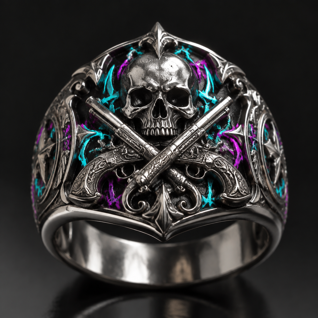 A medieval men's ring made of platinum suitable for formal. a skull with neon graffiti around the skull and pistols crossing
photorealistic jewelry design, A medieval men's ring made of platinum suitable for formal. a skull with neon graffiti around the skull and pistols crossing, medieval style, just the design no text