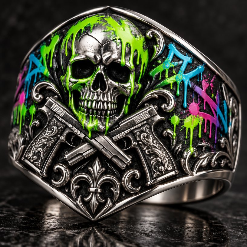 A gothic men's ring made of platinum suitable for formal. a skull with neon graffiti around the skull and pistols crossing "the family " written in old english
using the attached image as a visual reference, create A gothic men's ring made of platinum suitable for formal. a skull with neon graffiti around the skull and pistols crossing "the family " written in old english. photorealistic, just the design no text