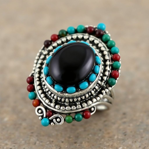 ring sterling silver black onyx in the middle with turquoise surrounding and small beads on the band sterling silver the line of turquoise on each side