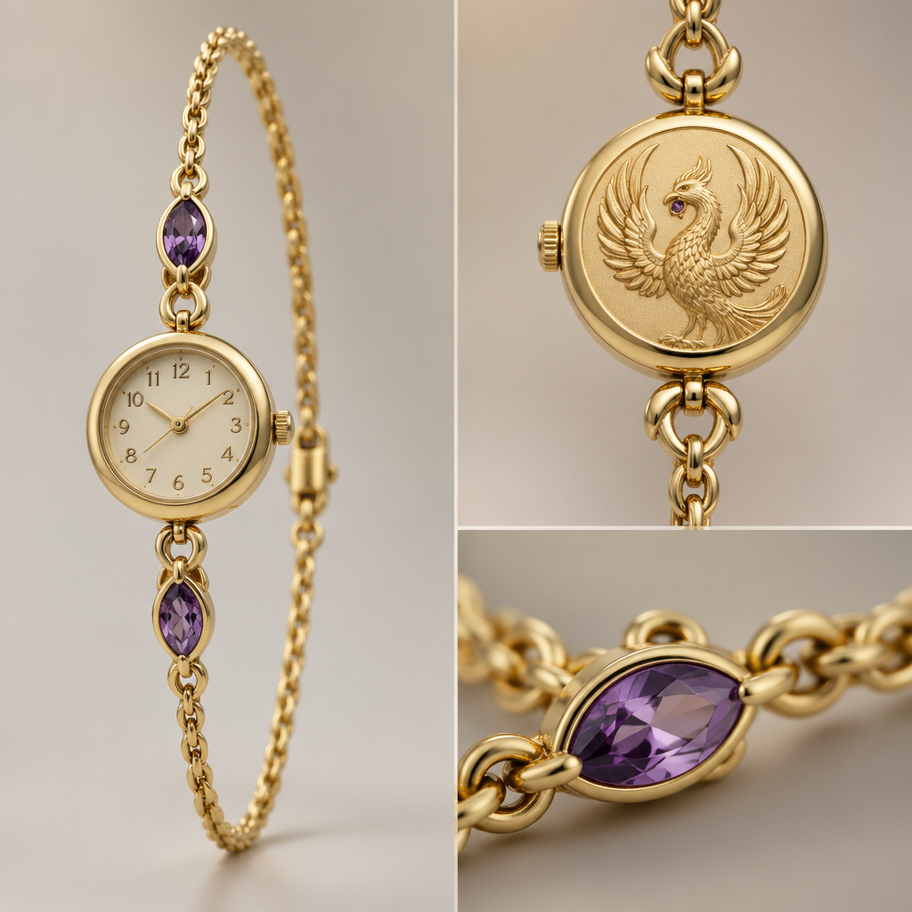 A minimalist women's watch made of gold with amethyst stones suitable for daily wear. um relógio com fio dourado, ouro, o relógio em si com horas numéricas, a joia em si, ornamento, no verso um circulo com a fenix no centro segurando uma pedra pequena amethyst. um relógio simples com fio delicado para usar no dia a dia com um toque de charme
photorealistic jewelry design, A minimalist women's watch made of gold with amethyst stones suitable for daily wear. um relógio com fio dourado, ouro, o relógio em si com horas numéricas, a joia em si, ornamento, no verso um circulo com a fenix no centro segurando uma pedra pequena amethyst. um relógio simples com fio delicado para usar no dia a dia com um toque de charme, minimalist style, just the design no text