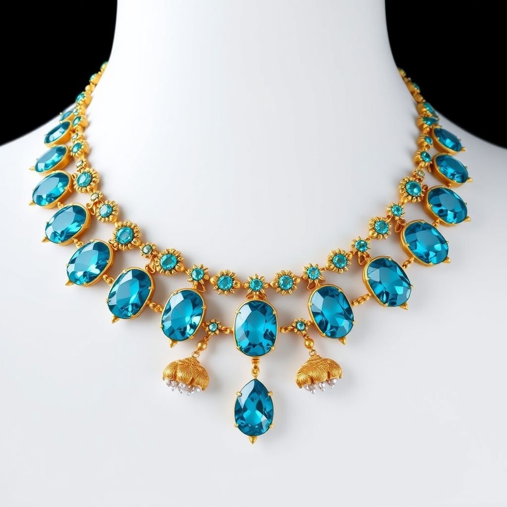 A 50 carat necklace with VVS Nanette-cut turquoise sapphire gemstones and gold chain 