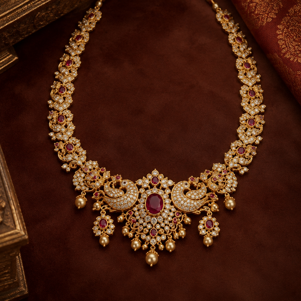 A vintage women's necklace made of gold with diamond and ruby stones suitable for festival
photorealistic jewelry design, A vintage women's necklace made of gold with diamond and ruby stones suitable for festival, vintage style, just the design no text