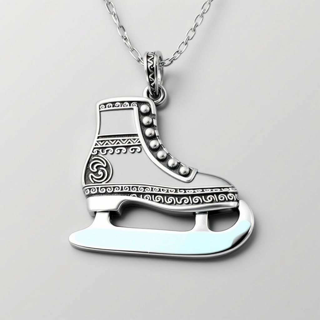 Silver Pendant shape one ice skate with turquoise stripe inside the low thin part blade 