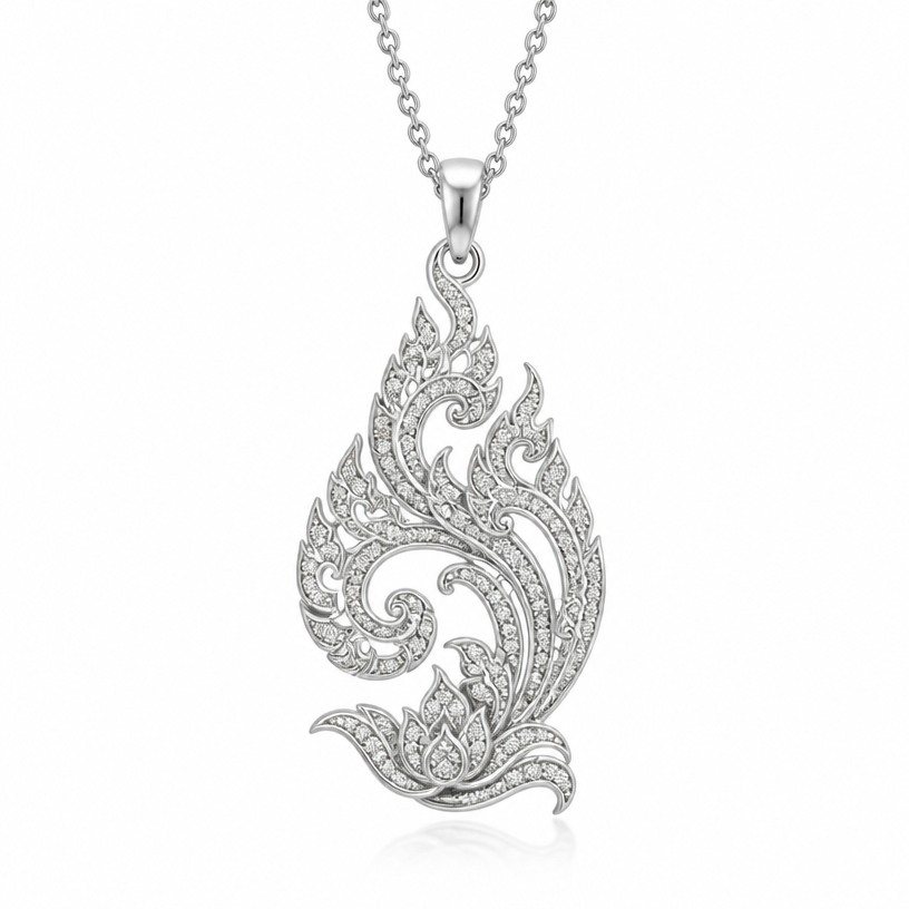 A contemporary women's pendant made of white gold with diamond stones suitable for daily wear. เอาลายไทยมาเป็นส่วนประกอบ, cost 300$
using the attached image as a visual reference, create A contemporary women's pendant made of white gold with diamond stones suitable for daily wear. เอาลายไทยมาเป็นส่วนประกอบ, cost 300$. photorealistic, just the design no text