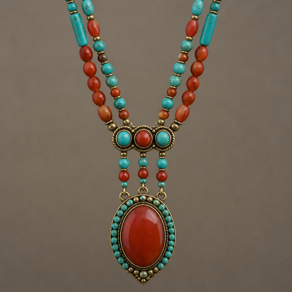 Carnelian and turquoise beaded pendant necklace with 3 strands connector
photorealistic jewelry design, Carnelian and turquoise beaded pendant necklace with 3 strands connector, bohemian style, just the design no text