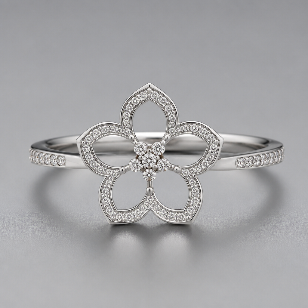 A women's ring made of silver with diamond stones. hibicus ligne fine, (diamand poutours des petales vide, toutes les petales) et delicat ,3 tres petit diamand dans le milieu au bout de la tige interieur de la fleur vide, plus detail, 5 petales chaine de chaque coté, tige qui ne depasse la fleur, minimaliste mince féminin, avec anneau pas de chaine, un peu diamant sur lanneau, utilisé la meme forme de fleur que limage de réféeence
photorealistic jewelry design, A women's ring made of silver with diamond stones. hibicus ligne fine, (diamand poutours des petales vide, toutes les petales) et delicat ,3 tres petit diamand dans le milieu au bout de la tige interieur de la fleur vide, plus detail, 5 petales chaine de chaque coté, tige qui ne depasse la fleur, minimaliste mince féminin, avec anneau pas de chaine, un peu diamant sur lanneau, utilisé la meme forme de fleur que limage de réféeence, modern style, just the design no text