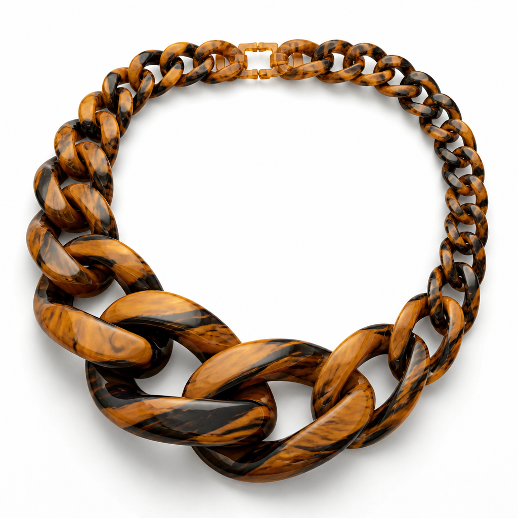 A women's necklace. create a chunky Cuban links style plastic necklace that is graduated and exaggerated in the first three links. make it the color of a tiger
photorealistic jewelry design, A women's necklace. create a chunky Cuban links style plastic necklace that is graduated and exaggerated in the first three links. make it the color of a tiger, modern style, just the design no text