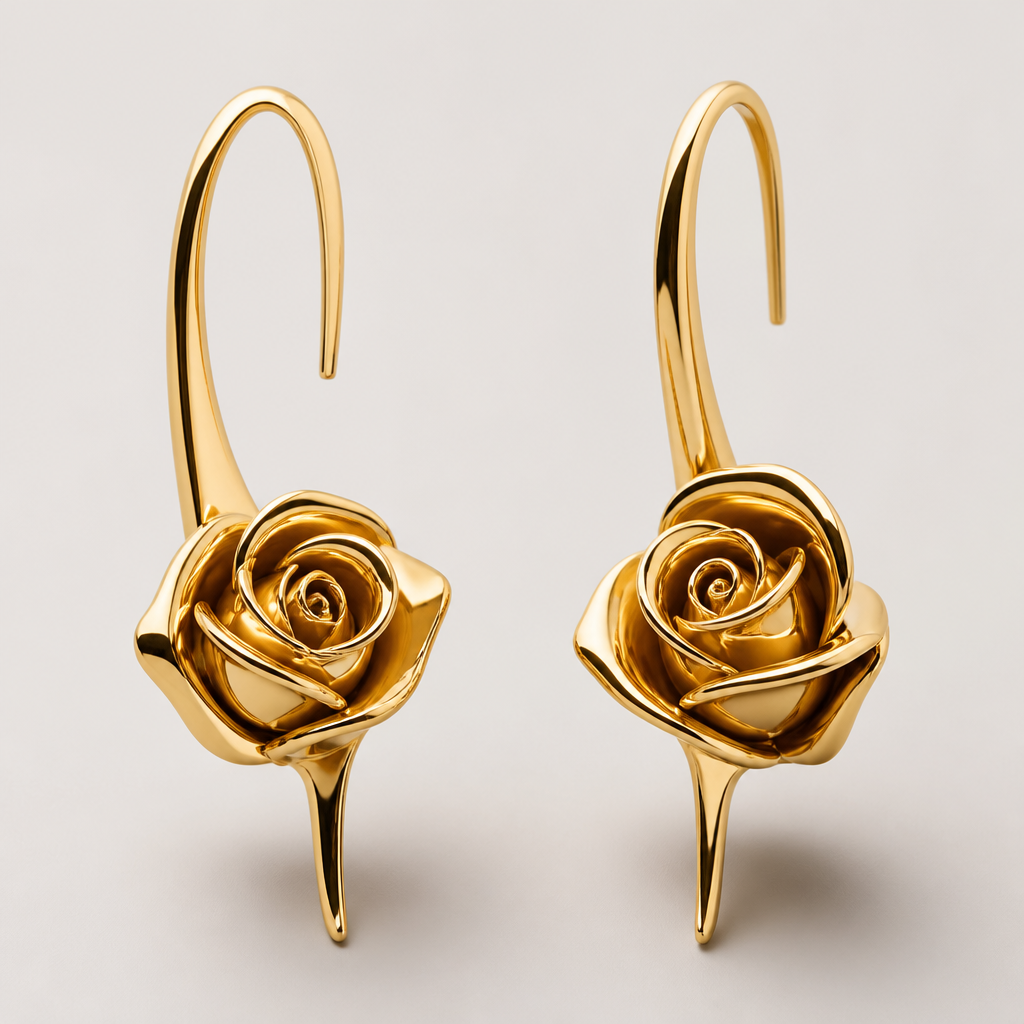 A modern women's earrings made of gold. two rose
photorealistic jewelry design, A modern women's earrings made of gold. two rose, modern style, just the design no text