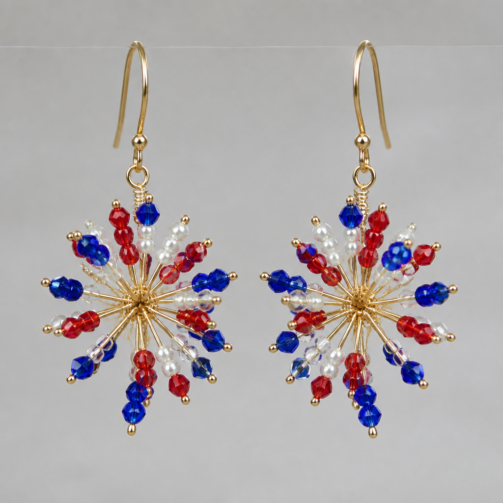 A women's earrings suitable for daily wear. create dangle earrings for 4th of july from beads and wire like fireworks
photorealistic jewelry design, A women's earrings suitable for daily wear. create dangle earrings for 4th of july from beads and wire like fireworks, modern style, just the design no text