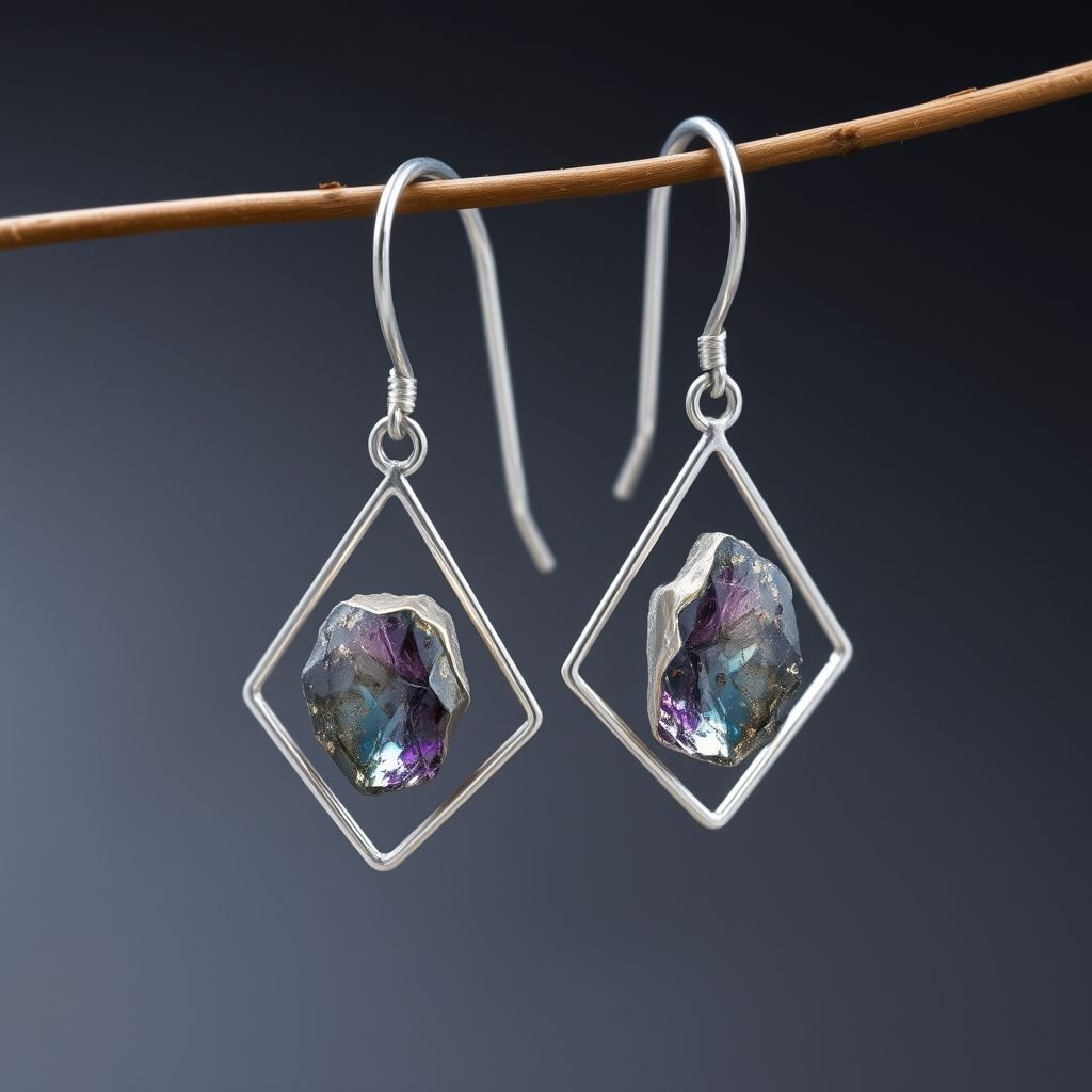 Earrings, Silver minimal, raw gemstone, elegant