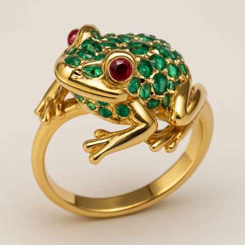 Lucky toad ring with emerald stones and rubies for the eyes set in yellow gold