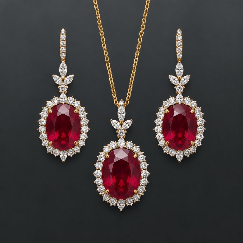 2 rubies weighing 8ct to 9ct each as danggling earrings adorned with diamonds. 1 ruby weighing 10ct set as a pendant to match the earrings. All set in pink or yellow gold
photorealistic jewelry design, 2 rubies weighing 8ct to 9ct each as danggling earrings adorned with diamonds. 1 ruby weighing 10ct set as a pendant to match the earrings. All set in pink or yellow gold, modern style, just the design no text