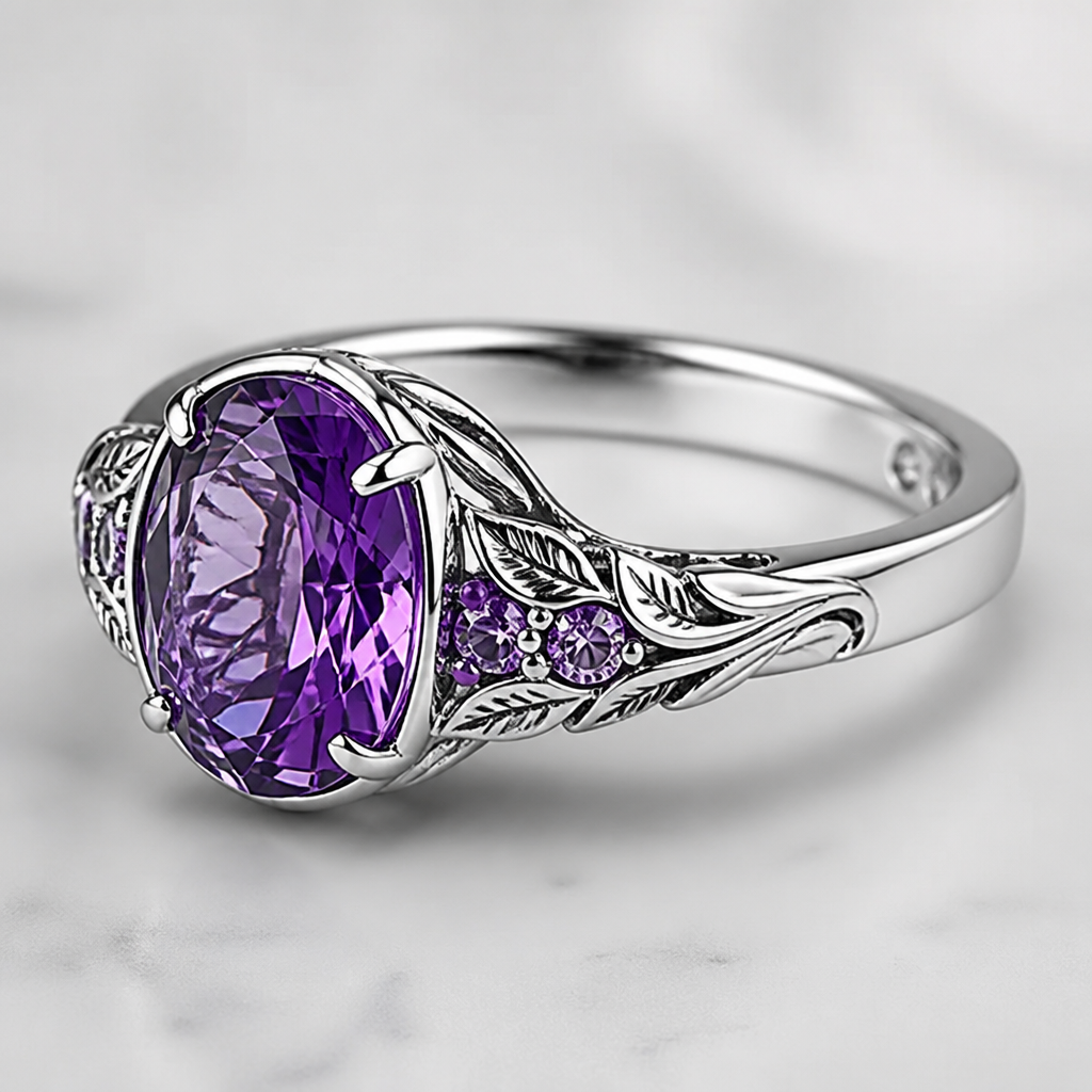 A luxury women's ring made of silver with amethyst stones suitable for gift. on one side of the amethyst engraved " Febuary" And on the other side engraved " other side" both engraved on both sides of amethyst stone.
photorealistic jewelry design, A luxury women's ring made of silver with amethyst stones suitable for gift. on one side of the amethyst engraved " Febuary" And on the other side engraved " other side" both engraved on both sides of amethyst stone., luxury style, just the design no text