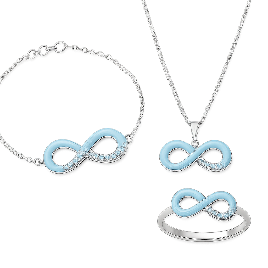 سيت غريب وحلو باللون الازرق الفاتح (اسوارة،عقد،خاتم) فضّة مرصع بالالماس ومش مالوف مدموج باللون الازرق علامة♾️