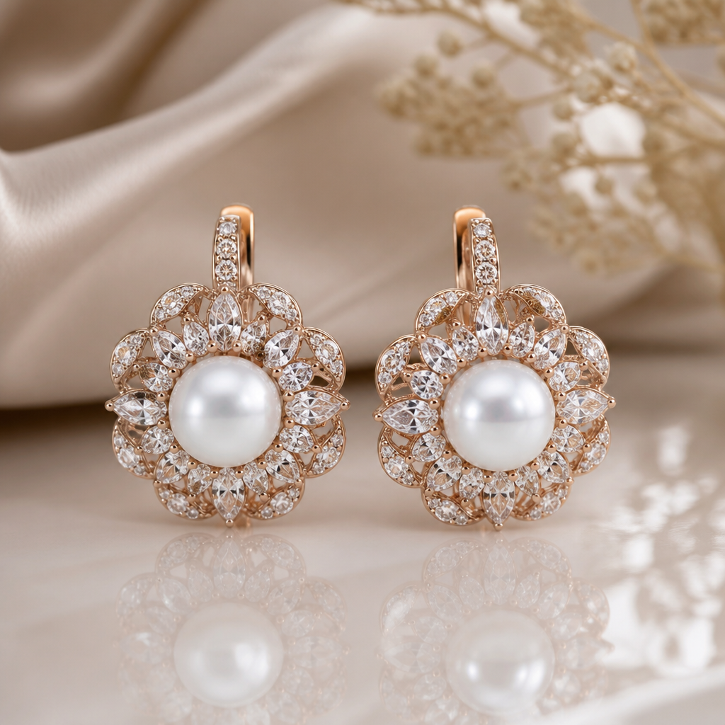 A halo women's earrings made of rose gold with pearl and diamond stones suitable for gift, detailed and decorative, moderately ornate
photorealistic jewelry design, A halo women's earrings made of rose gold with pearl and diamond stones suitable for gift, detailed and decorative, moderately ornate, halo style, just the design no text