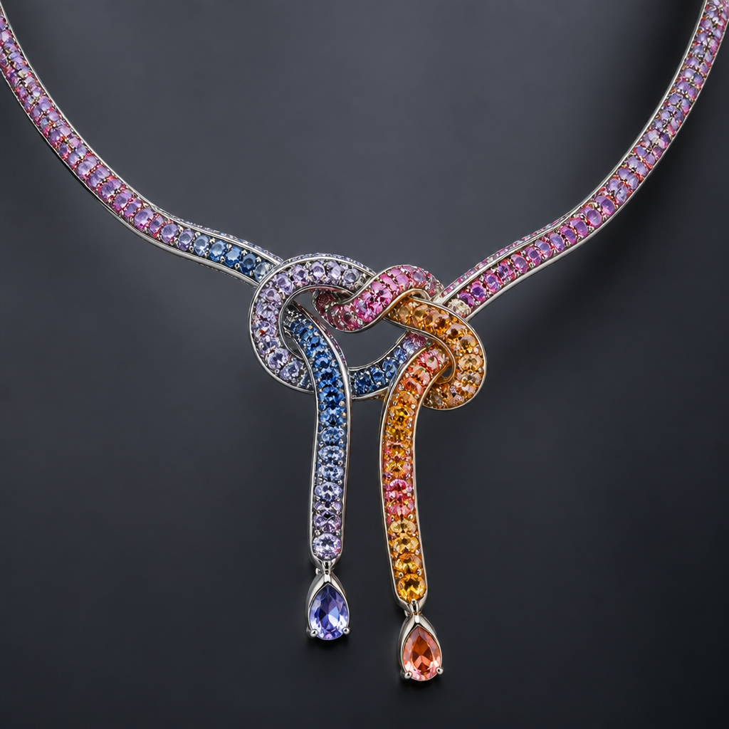 Create a jewelry necklace showcasing untying a knot use colorful saphire gems make the design feminine and show extinguish craftsmanship
photorealistic jewelry design, Create a jewelry necklace showcasing untying a knot use colorful saphire gems make the design feminine and show extinguish craftsmanship , contemporary style, just the design no text