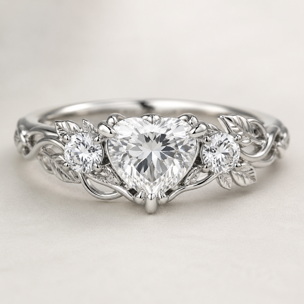 Heart as the center stone and vines, white gold
photorealistic jewelry design, Heart as the center stone and vines, white gold, three_stone style, just the design no text