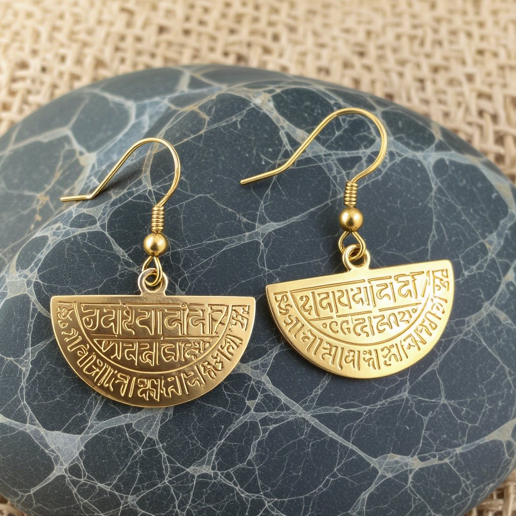 Серьги золотые в форме полукруга, полукруг как продолжение застежки, на полукруге надписи мантрами на санскрите