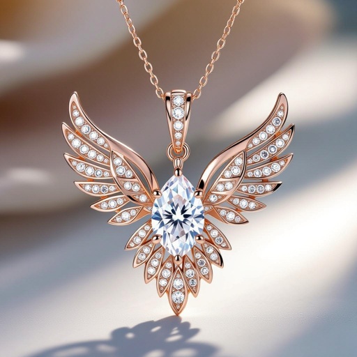 Eagle modern geometric shapes whole diamond=1 wing, rose gold diamond Design a contemporary pendant featuring a single, large diamond shaped like a wing, symbolizing freedom and elegance. The diamond is elegantly set in a sleek, minimalist rose gold frame that accentuates its brilliance. The modern aesthetic is enhanced with clean lines and asymmetry, making it a striking statement piece for the avant-garde wearer.