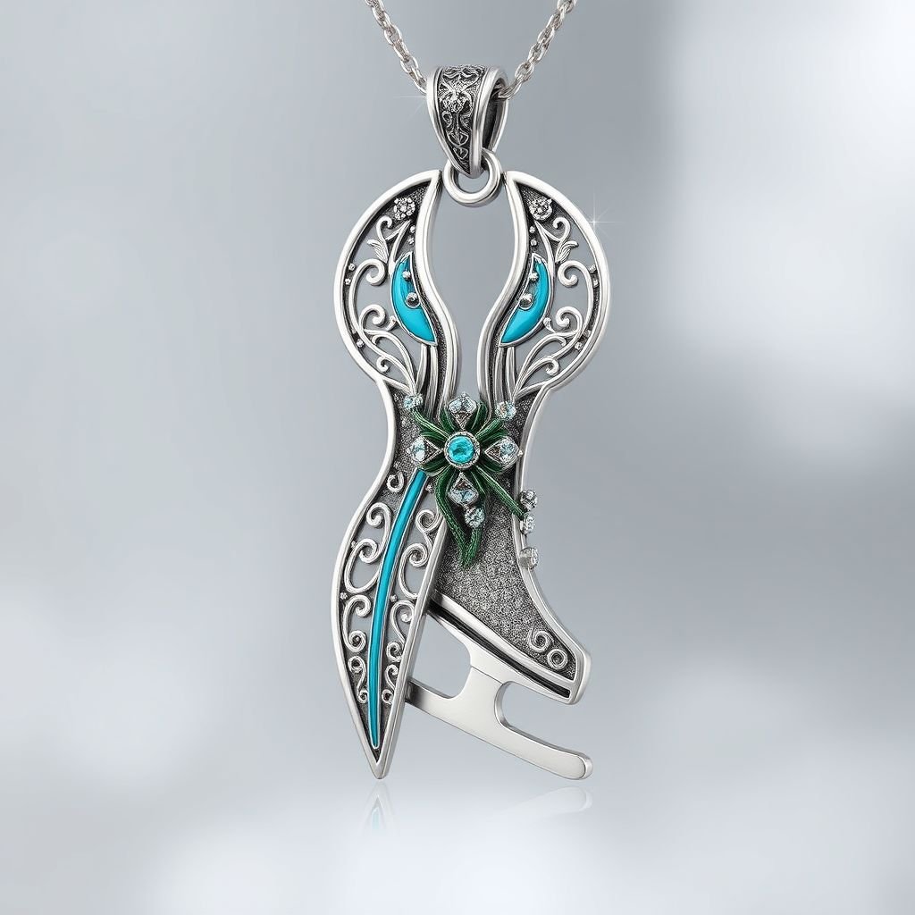 Silver pendant in the shape of ice skating blades with a turquoise stripe within the blade