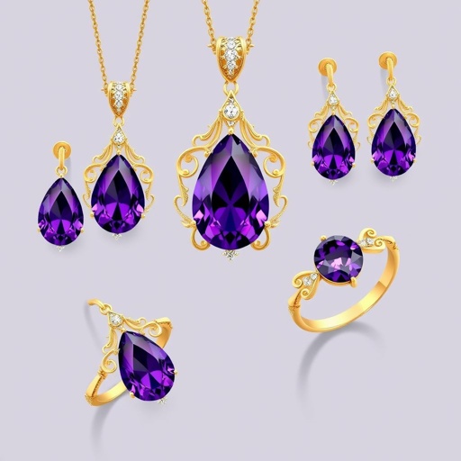Drop cut, 50 carat Amethyst gemstone necklace, earrings, ring, and bracelet