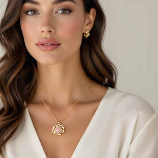 Золотая матовая цепочка. Подвеска матовая лотос шесть лепестков нижние лепестки крупнее верхних  не круглый . В сердце лотоса матовый розовый кварц овальный