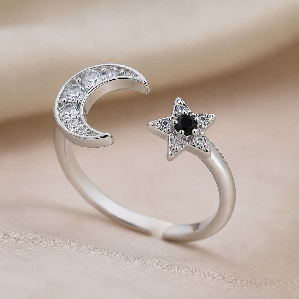 A classic women's ring made of white gold with diamond and topaz stones. A black stone small star at one end and another end a waxing crescent it should be adjustable ring
photorealistic jewelry design, A classic women's ring made of white gold with diamond and topaz stones. A black stone small star at one end and another end a waxing crescent it should be adjustable ring, classic style, just the design no text