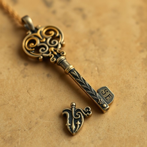 Old skeleton key shape gold and silver tones with olive branch turning on leg and keffieh print on the tip