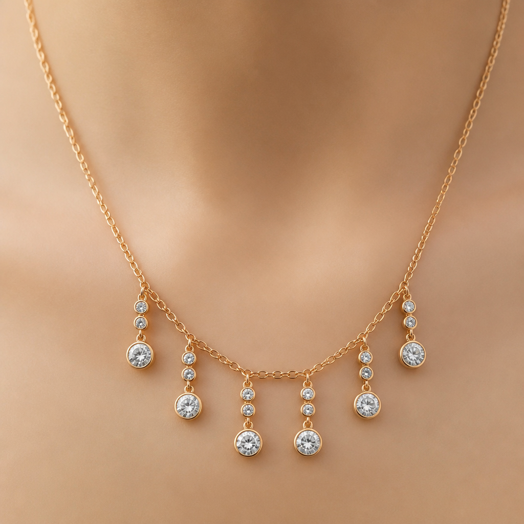 A women's necklace made of rose gold. golden chain 8 drop diamond
photorealistic jewelry design, A women's necklace made of rose gold. golden chain 8 drop diamond, modern style, just the design no text