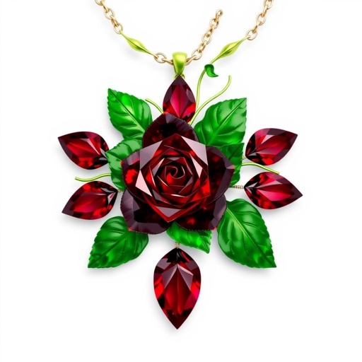 A red cut garnet rose with green Nanette cut leaves with 20 carats and VS clarity with green vines on the necklace as the chain