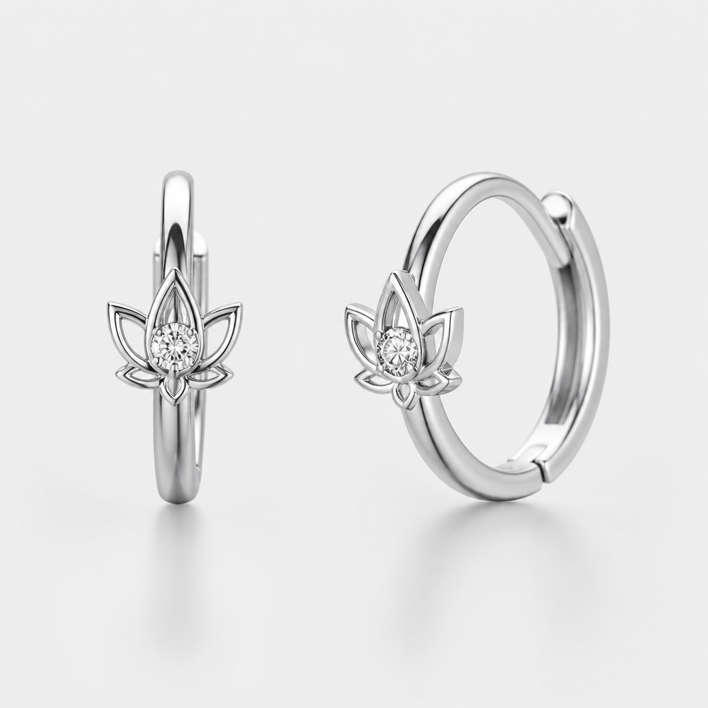 A minimalist women's earrings made of silver with diamond stones. minimaliste avec un beau lotus delicat avec 1 diamant dans le milieu super féminin, petit huggies
photorealistic jewelry design, A minimalist women's earrings made of silver with diamond stones. minimaliste avec un beau lotus delicat avec 1 diamant dans le milieu super féminin, petit huggies, minimalist style, just the design no text