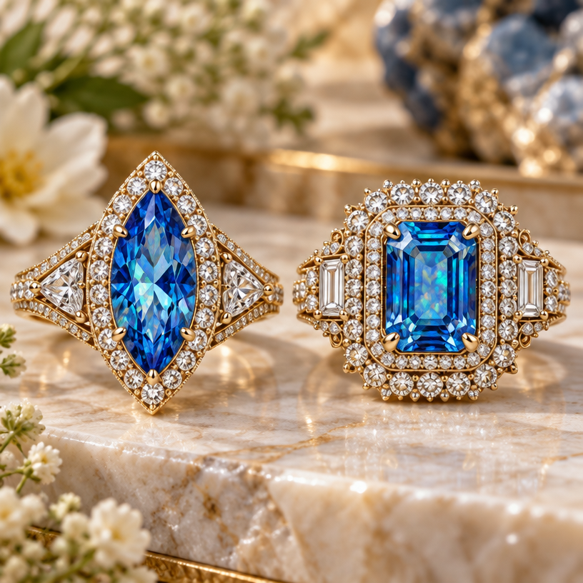 A nature-inspired women's ring made of gold with sapphire and opal and diamond stones, highly ornate, intricate and elaborate, richly detailed. A. MARQUISE RING
* Set marquise-cut aquamarine in a diamond halo.
* Add side triangle diamonds for elegance.
* Complete the band with pavé diamonds.
B. EMERALD-CUT RING
* Set emerald-cut aquamarine (classic & elegant).
* Double halo of brilliant-cut diamonds.
* Finish with a polished platinum band.
Additional Details
* Design: Bold, elegant and timeless.
* Gemstones: Marquise & emerald-cut aquamarine.
* Metal: Platinum / White gold with pavé diamonds.
make two pieces of ring
using the attached image as a visual reference, create A nature-inspired women's ring made of gold with sapphire and opal and diamond stones, highly ornate, intricate and elaborate, richly detailed. A. MARQUISE RING
* Set marquise-cut aquamarine in a diamond halo.
* Add side triangle diamonds for elegance.
* Complete the band with pavé diamonds.
B. EMERALD-CUT RING
* Set emerald-cut aquamarine (classic & elegant).
* Double halo of brilliant-cut diamonds.
* Finish with a polished platinum band.
Additional Details
* Design: Bold, elegant and timeless.
* Gemstones: Marquise & emerald-cut aquamarine.
* Metal: Platinum / White gold with pavé diamonds.
make two pieces of ring. photorealistic, just the design no text