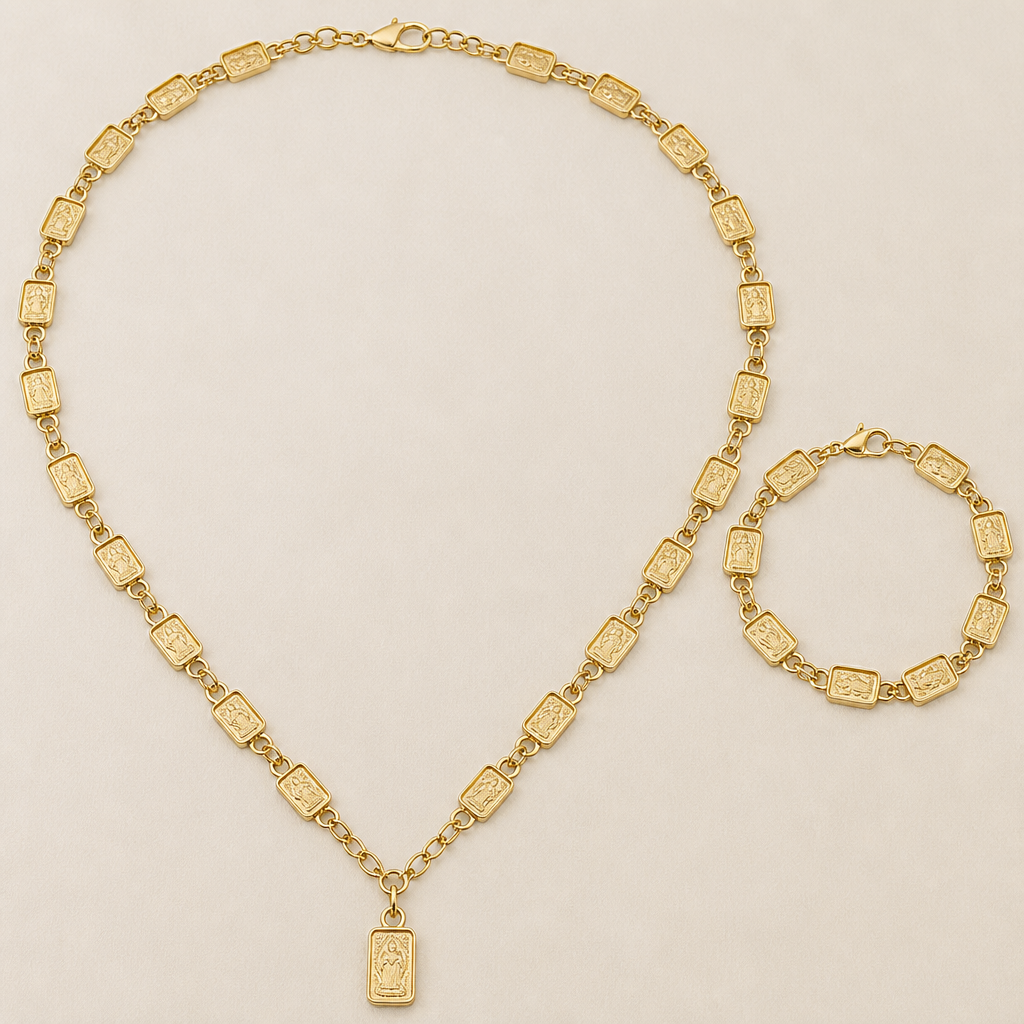Make me a necklace and bracelet set that includes Pamp one gram bars
photorealistic jewelry design, Make me a necklace and bracelet set that includes Pamp one gram bars, classic style, just the design no text