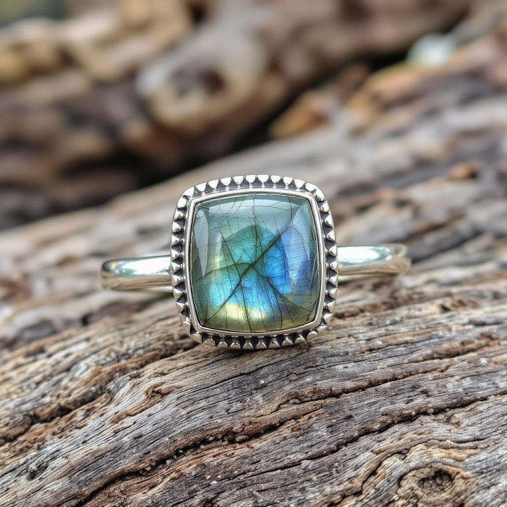Labrodite square stone set in silver ring