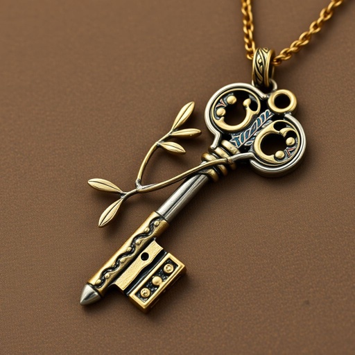 Old skeleton key shape gold and silver tones with olive branch turning on leg and keffieh print on the tip