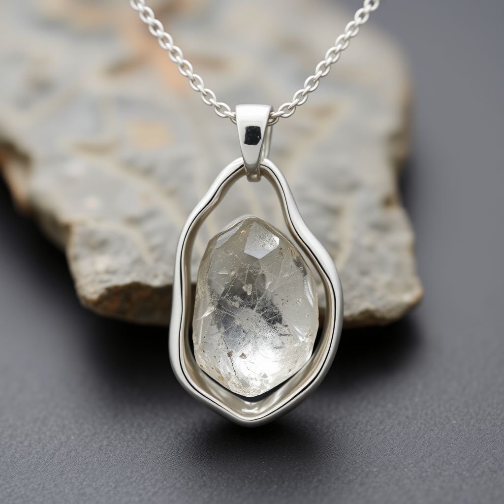 Pendant, silver use minimal, raw natural gemstone, elegant
Design an exquisite silver pendant that features a single, unrefined raw gemstone, emphasizing its natural beauty. The pendant's shape is organic and asymmetrical, capturing the essence of nature's artistry. Use a sleek, minimalistic chain that enhances the gemstone's rugged charm, creating an elegant yet earthy statement piece for modern wearers.