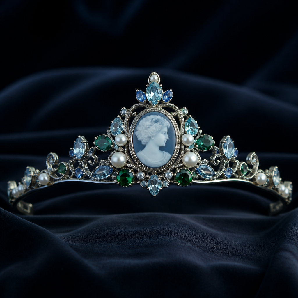 A cameo women's tiara made of titanium with aquamarine and pearl and emerald and sapphire stones suitable for gift