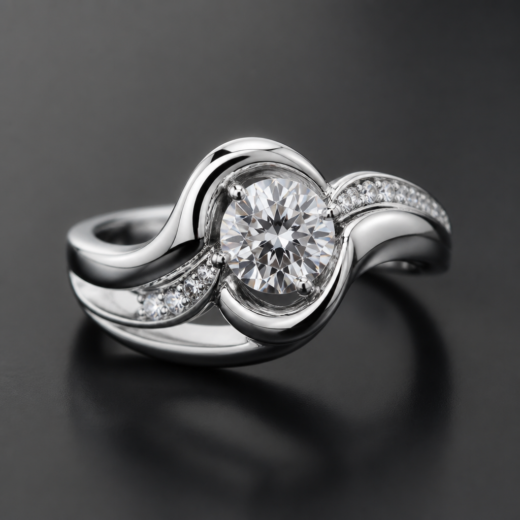 A women's ring made of silver suitable for formal
photorealistic jewelry design, A women's ring made of silver suitable for formal, modern style, just the design no text
