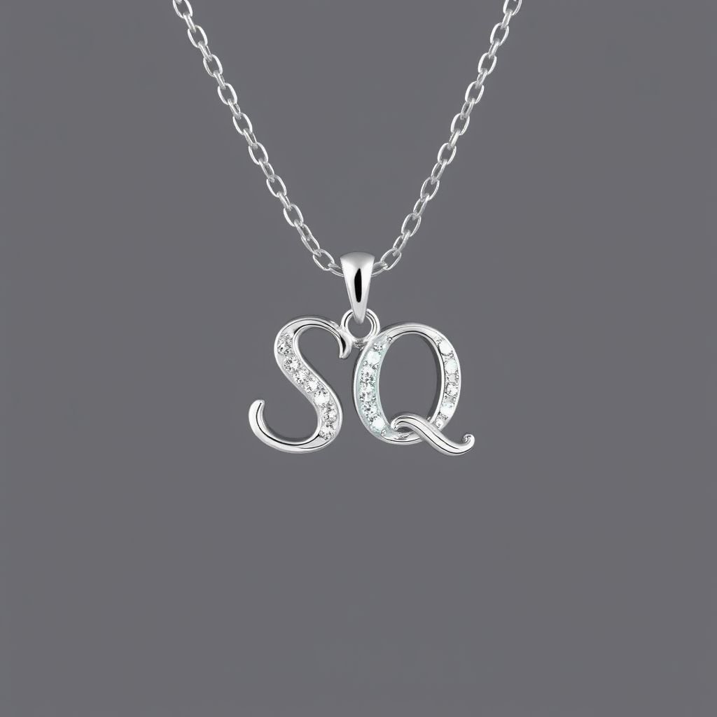 silver necklace with the pendant in conjoined letters SQ with white  stones. Make it cute and simple 