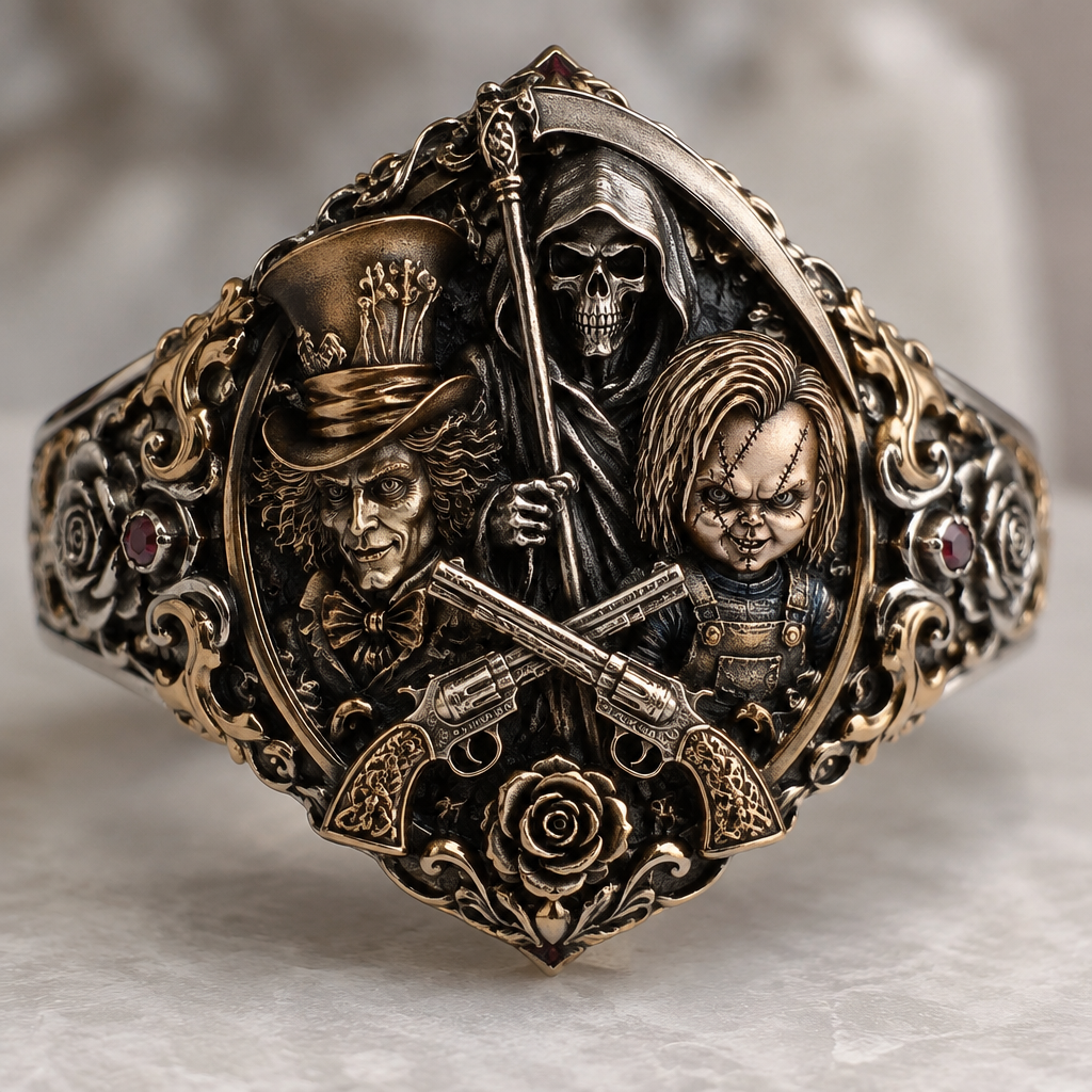 A vintage women's ring made of mixed metal suitable for daily wear, detailed and decorative, moderately ornate. madhatter a reaper and Chucky and 2 pistols crossing
photorealistic jewelry design, A vintage women's ring made of mixed metal suitable for daily wear, detailed and decorative, moderately ornate. madhatter a reaper and Chucky and 2 pistols crossing, vintage style, just the design no text