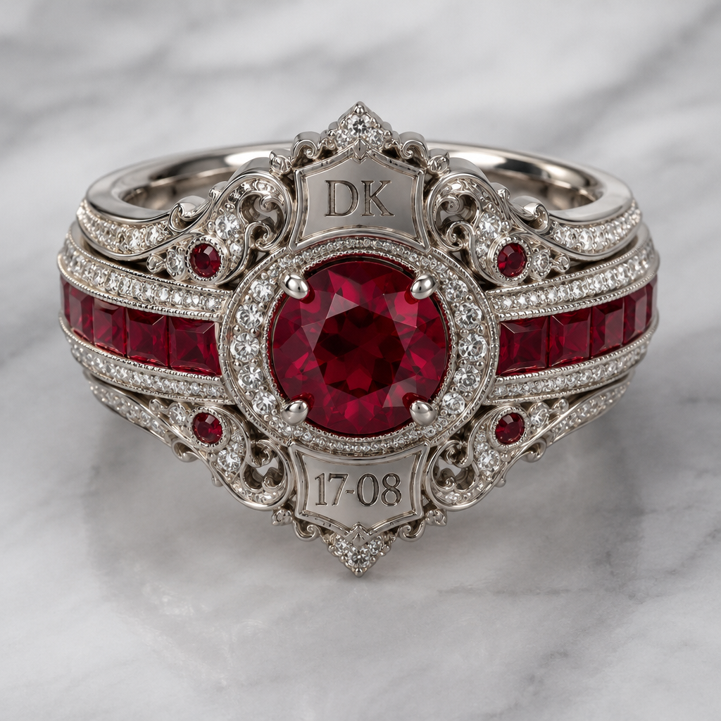 A channel-set women's ring made of silver with ruby stones suitable for anniversary, highly ornate, intricate and elaborate, richly detailed. in Ring I want gem stone in center and above the stone I want letter DK and below the stone I want 17-08
photorealistic jewelry design, A channel-set women's ring made of silver with ruby stones suitable for anniversary, highly ornate, intricate and elaborate, richly detailed. in Ring I want gem stone in center and above the stone I want letter DK and below the stone I want 17-08, channel_set style, just the design no text