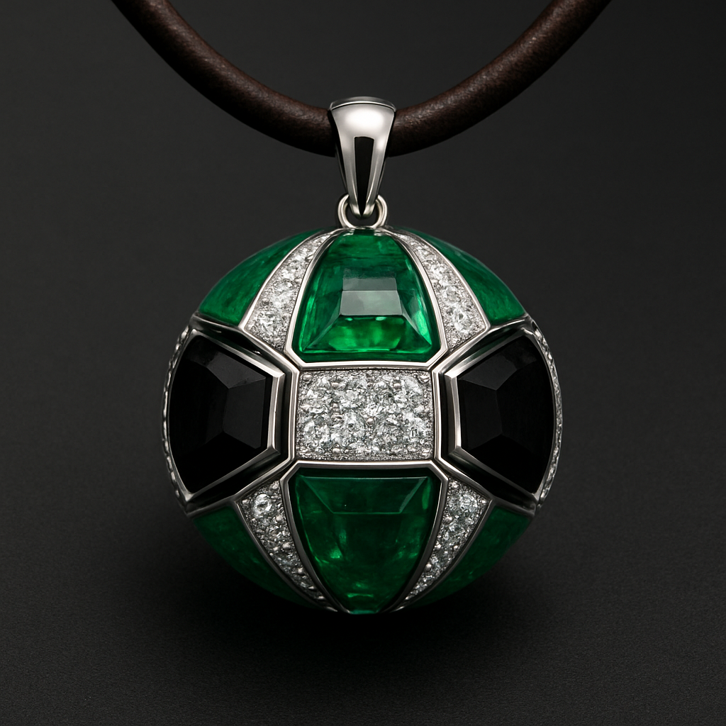 a necklace on leather strap with 3d ball that has 8 big slices emerald, black and diamonds white gold setting 