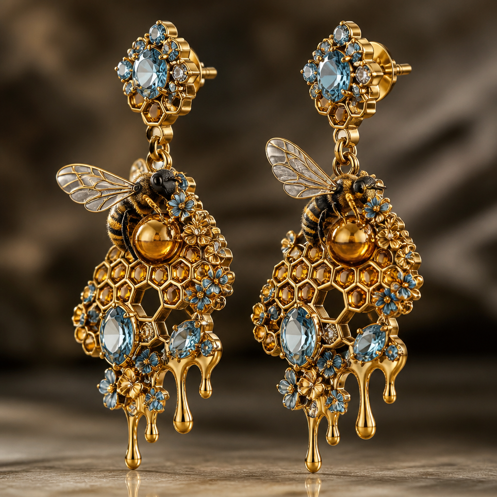 A modern women's earrings made of gold with topaz stones suitable for party, highly ornate, intricate and elaborate, richly detailed. Place a bee on the earings. I want bee to keep honey.
photorealistic jewelry design, A modern women's earrings made of gold with topaz stones suitable for party, highly ornate, intricate and elaborate, richly detailed. Place a bee on the earings. I want bee to keep honey., modern style, just the design no text