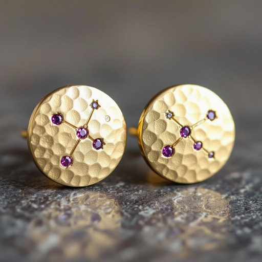 Серьги матовое золото мятое. Символ схематично созвездие. Маленькие фиолетовые камушки