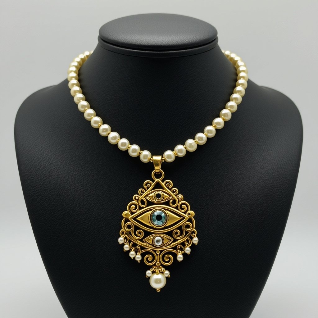 Кулон на длинной цепочке. Матовое светлое золото. В цепочке небольшие золотые шарики и жемчуг. Кулон это перевернутый глаз, снизу еще два глаза узоры завитушки 